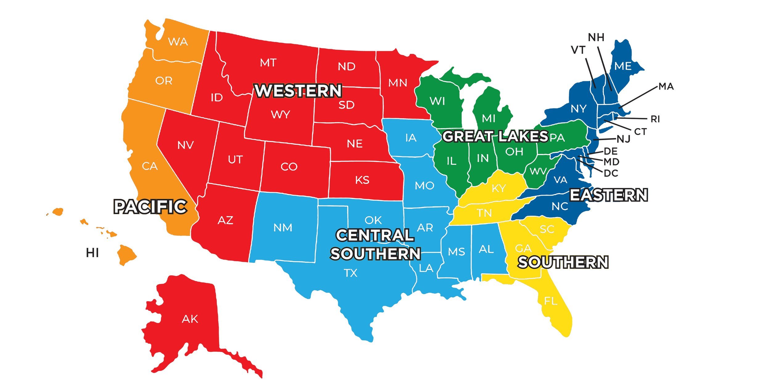 Color coded map of the United States of America